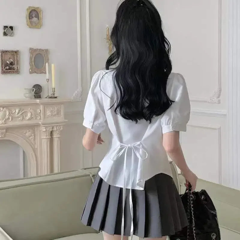 Preppy Bandage Basic White Shirt Women Slim Long Sleeve Cute Top School Uniform Button Down Shirts Blouse Female Polo Neck Lady