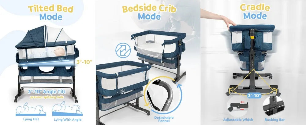 3 in 1 Baby Bassinet, Upgraded Beside Crib with 360° Highly Visible Mesh wall, Comfy Co-sleeper Bassinet with mattress, 5 Level
