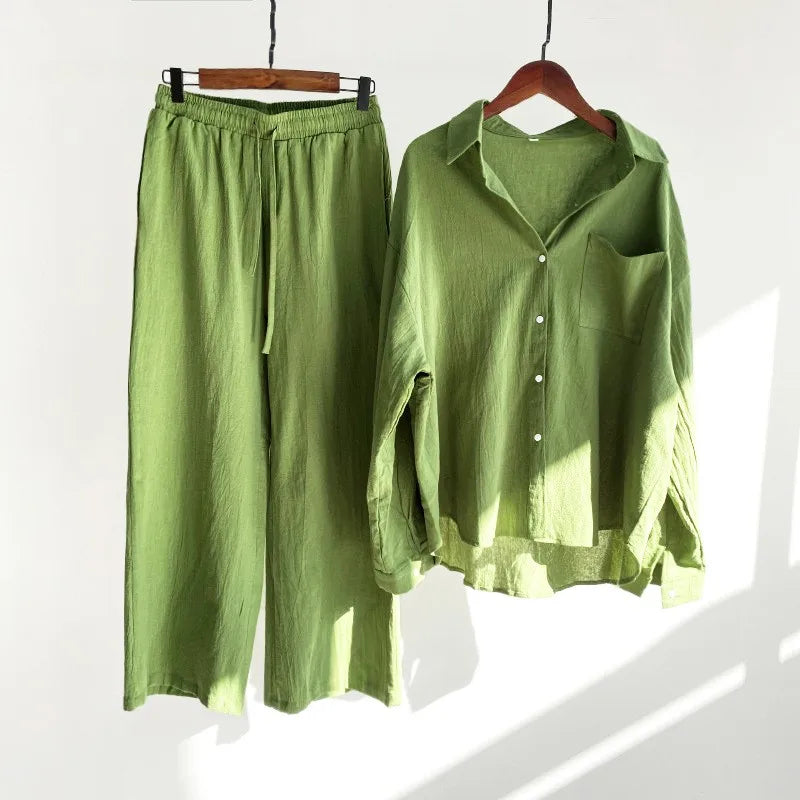 Loose Solid Color Cardigan Shirt Wide Leg Pants Women's 2-piece Set Of Retro Cotton Linen Shirt High Waist Long Pants Set Outfit