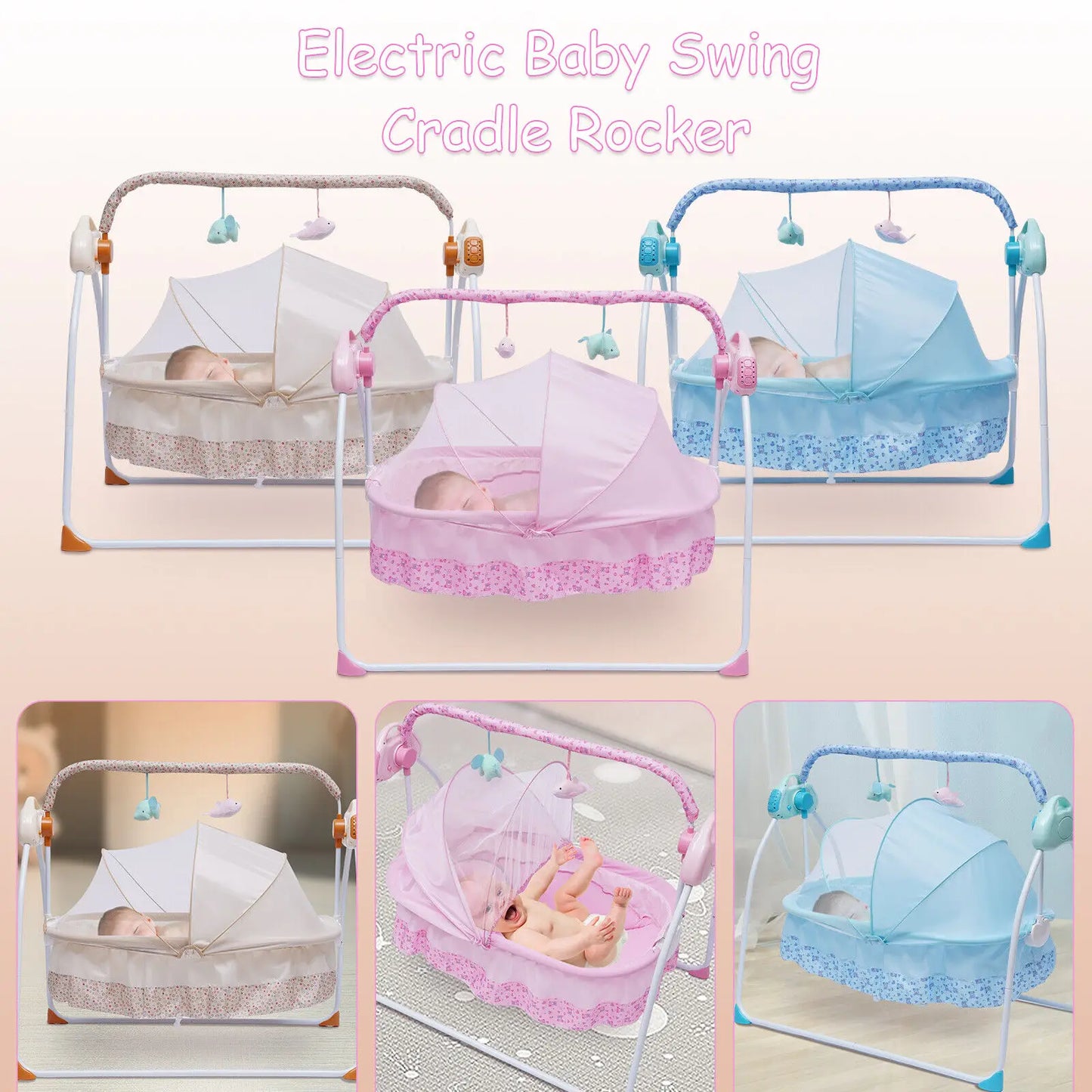 Electric Baby Cradle Auto Swing Rocker Cot Infant Sleeping Bed Swing Crib Kit Timer +Bluetooth Music +Mat +Pillow 5Gears Adjustable