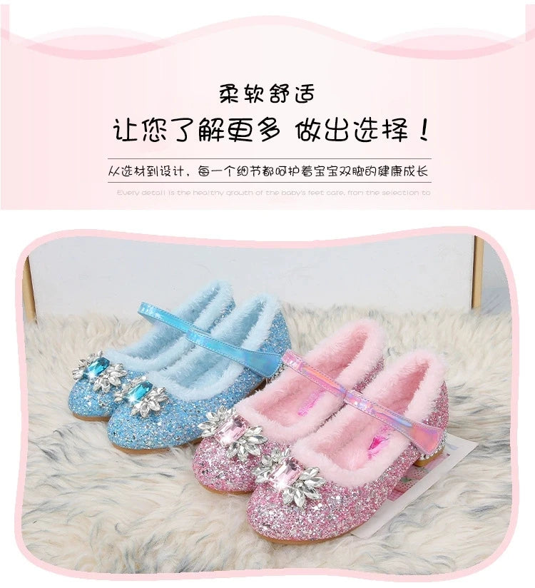 Disney Princess Crystal Girls Shoes Frozen Elsa Sophia Rhinestones Shoes Performance Party High Heels Pink Blue Shoes Size 23-36