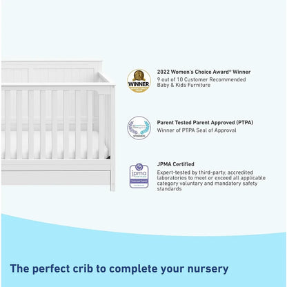 Hadley 5-in-1 Convertible Crib with Drawer (White) – GREENGUARD Gold Certified, Crib with Drawer Combo