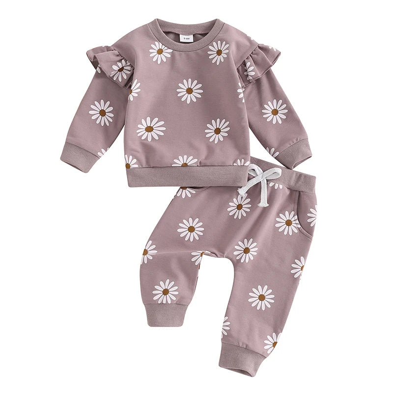 2026 Lorrainian Toddler Girl Fall Outfit Daisy Print Long Sleeve Sweatshirt with Elastic Waist Pants 2 Pcs Set