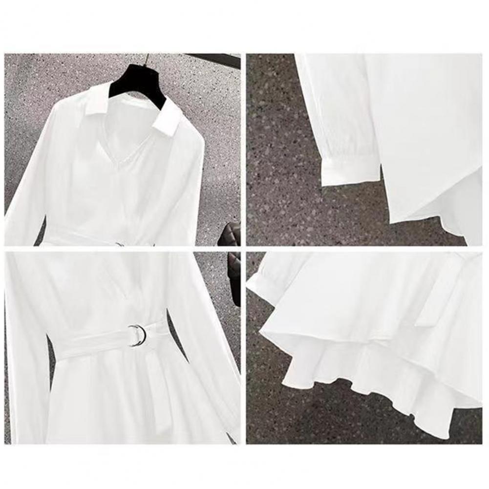 M-4XL Women's Shirt Lapel V Neck Long Sleeves Irregular Hem Plus Size Waist Tight Adjustable Belt Pullover Shirt Female Clothing