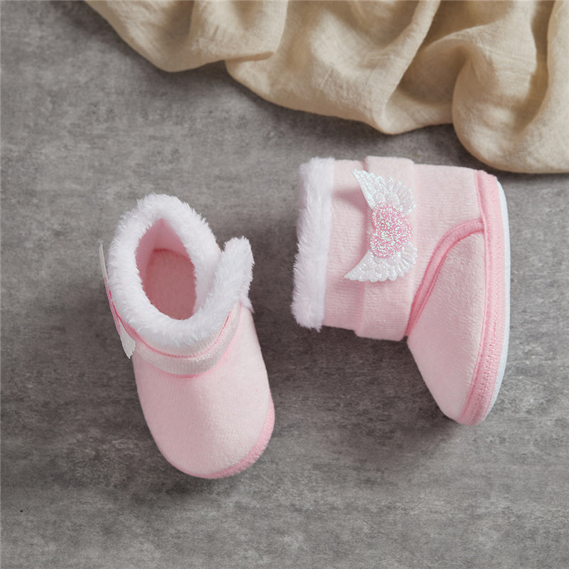 Suefunskry Newborn Baby Winter Snow Boots Contrast Color Ankle Boots Warm Plush Heart Wings Baby Walking Shoes for Toddler 0-18M