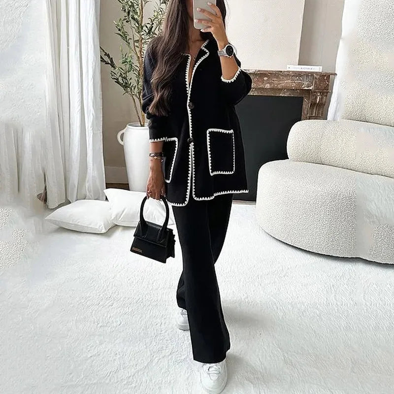 Loose Casual Women's Suit Autumn Double Pocket Single Breasted Cardigan New Fashion Casual Loose Solid Color Two-piece Set
