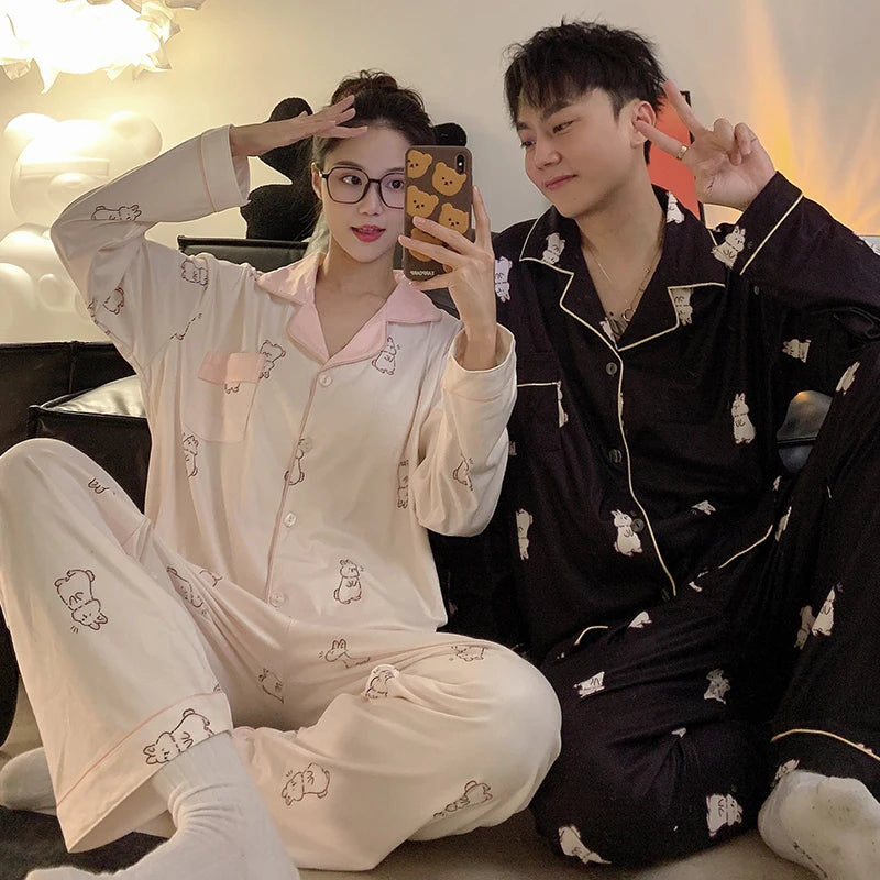 Pajama Women Pajama Man Set Cotton Plus Size Spring Autumn Long-sleeved Korean Cardigan Casual V-neck Nightwear Couple Pyjama