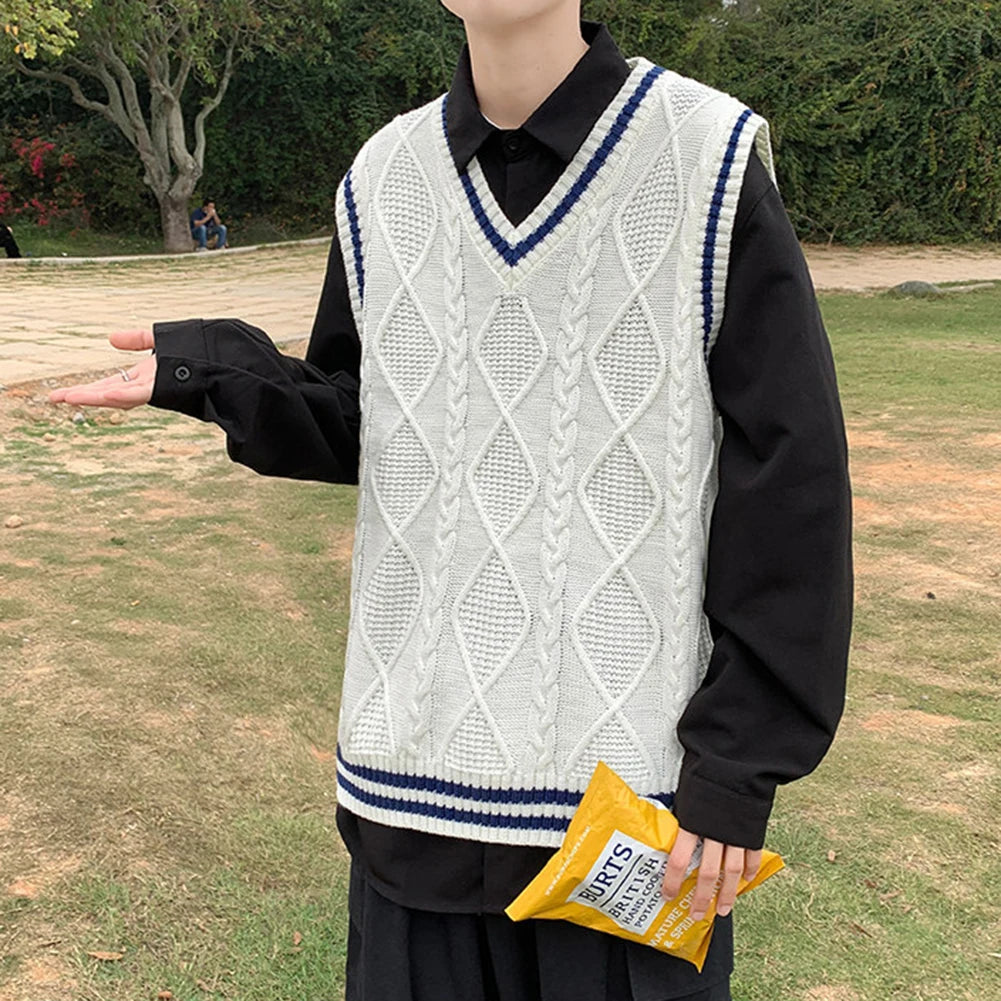 Men's Classic Contrast Color Thermal V-Neck Comfortable Cardigan Sleeveless Slight Stretch Solid Vest Simple Loose Waistcoat Tops