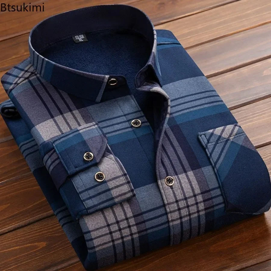 2025 Men's Autumn Winter Casual Fleece Plaid Shirt Fashion Soft Warm Turn Down Collar Long Sleeve Shirt Male High-Quality Tops