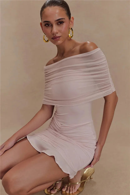 Mozision Mesh Strapless Off-shoulder Sexy Ruffled Mini Dress For Women Fashion Backless High Waist Female Ruched Party Dress