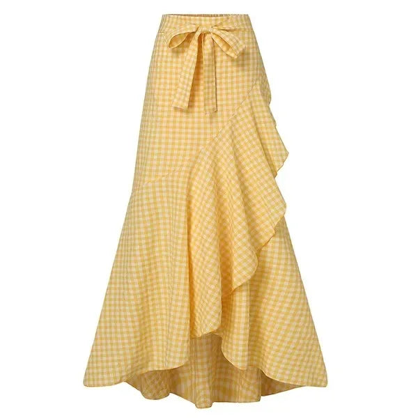 Spring Autumn Women Long Skirt High Waist Lace-up Ruffle Trim Plaid Print Bow Tie Irregular Hem Maxi Skirt Female 2026 New