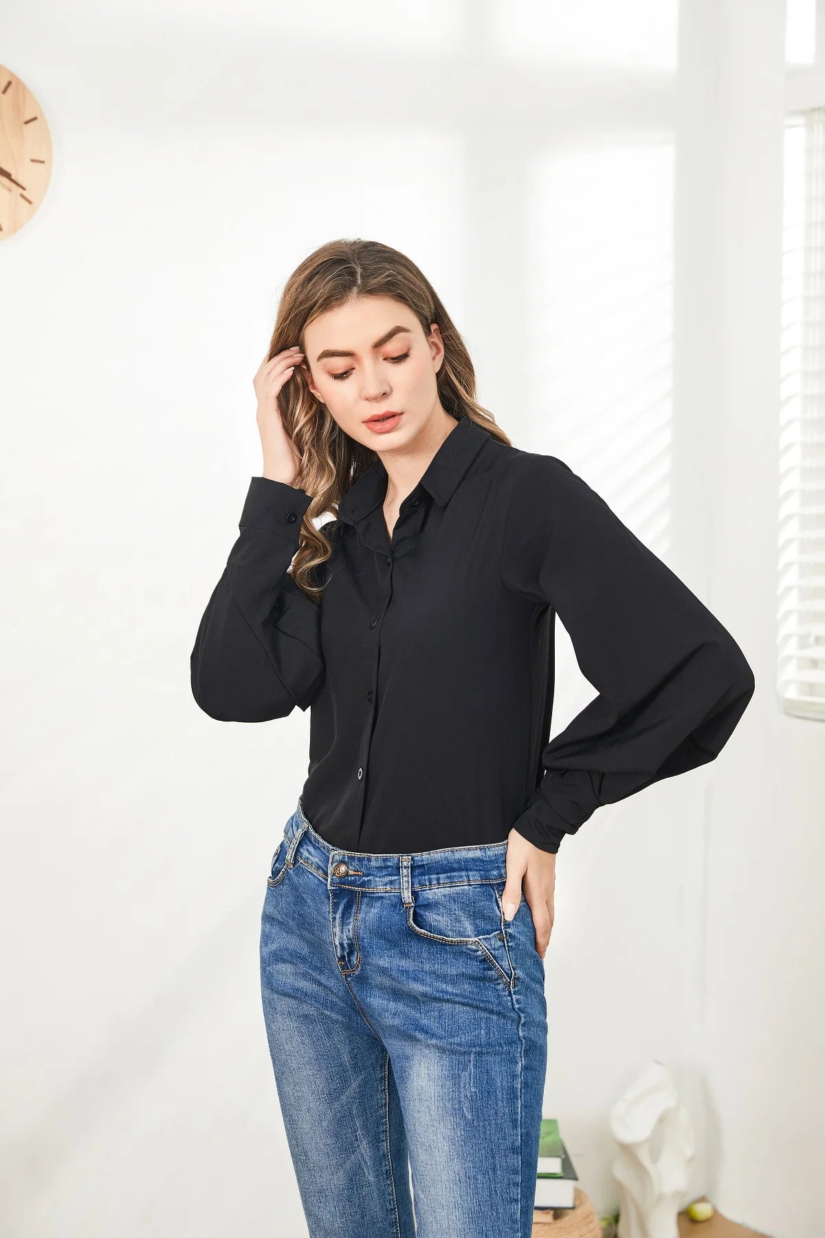 Lantern Sleeves Vintage Shirts Women Elegant White Women's Blouse with Lush Sleeves 2025 Fashion Button Up Shirt Black dropship
