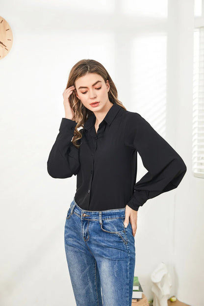 Lantern Sleeves Vintage Shirts Women Elegant White Women's Blouse with Lush Sleeves 2026 Fashion Button Up Shirt Black dropship