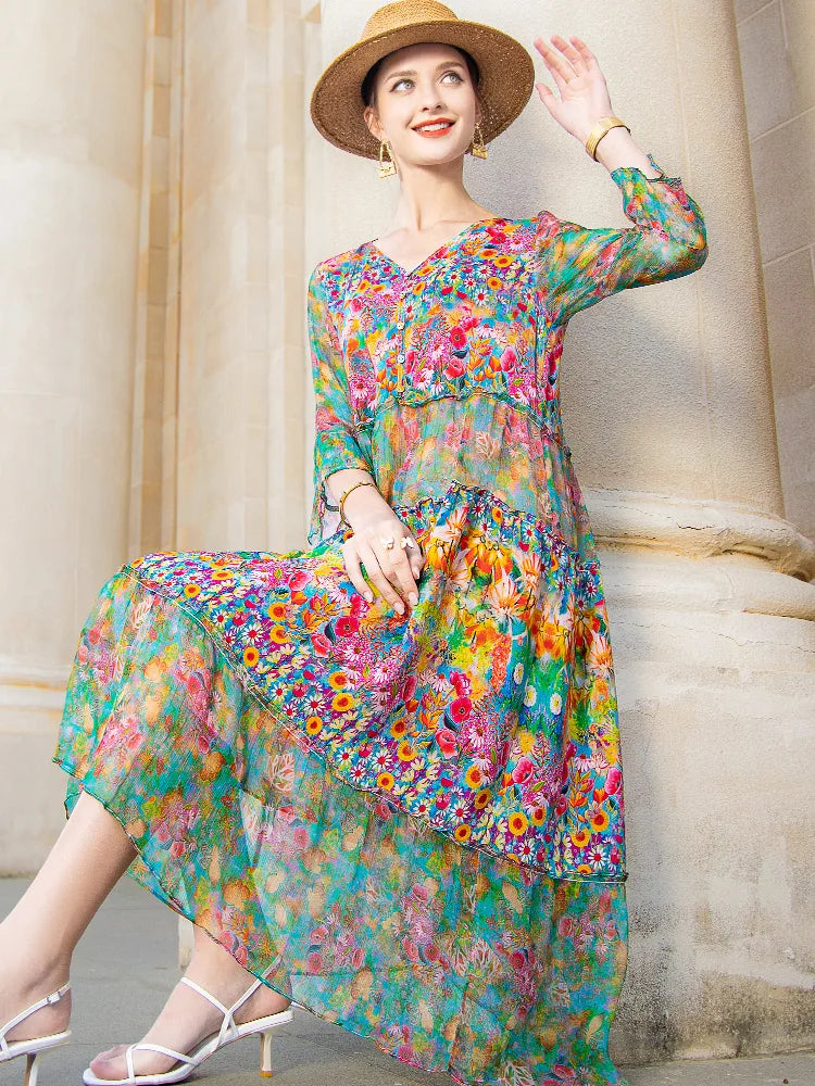 High Quality Summer 2025 Beach Boho Vintage Print Chiffon V Neck Dress Elegant Party Robe Designer Vespids Loose Midi Dress