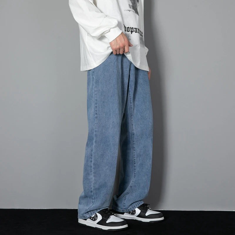 2026 New Korean Men's Casual Long Jeans Classic Man Straight Denim Wide-leg Pants Solid Color Light Blue Grey Black 3XL