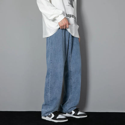 2026 New Korean Men's Casual Long Jeans Classic Man Straight Denim Wide-leg Pants Solid Color Light Blue Grey Black 3XL