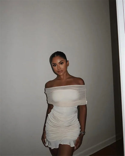 Mozision Mesh Strapless Off-shoulder Sexy Ruffled Mini Dress For Women Fashion Backless High Waist Female Ruched Party Dress