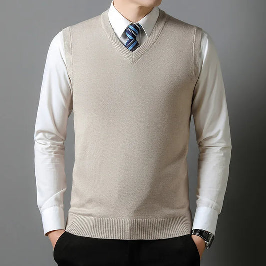 New Men's Autumn High-end Sweater Vest V-neck Warm Knit Sleeveless Men's Clothes Pullover Tops