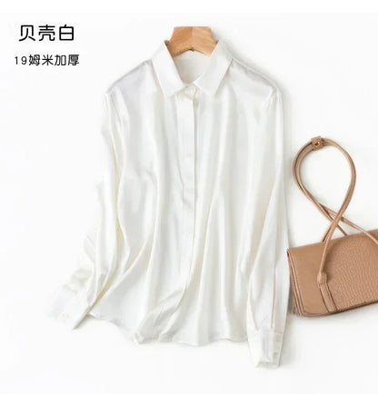 Tajiyane Women's 93% Mulberry Silk 7% Spandex 19 momme satin Silk Buttons long sleeve shirt Top Blouse office work chemise femme