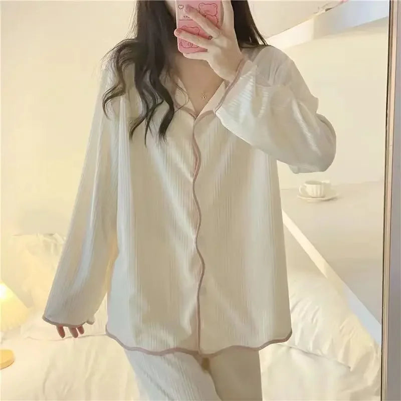 Spring and Autumn Long Sleeve Pants Pajamas Loungewear Set Women's Simple Pull Edge Loose Girl Student Loungewear Loose Suit