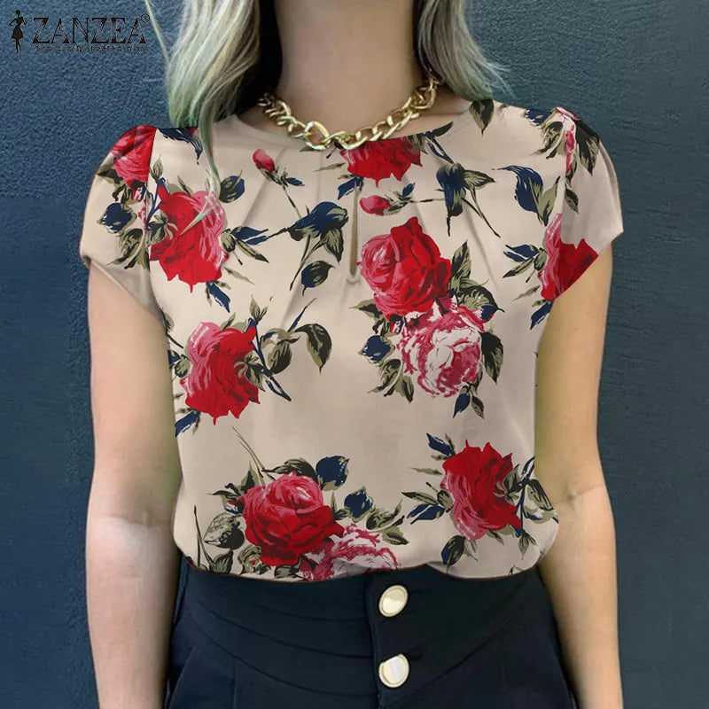 ZANZEA Summer Bohemian Short Sleeve Floral Printed Blouse Women Vintage Holiday Party Shirt Casual Beach Tops Tunic Bulses 2025