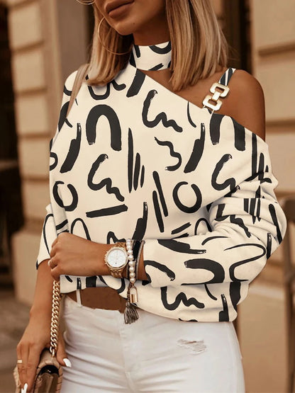 Sexy Off Shoulder Halter Neck Women Blouse Long Sleeve Fashion Print Casual Loose Tops 2026 Autumn Elegant Office Ladies Blouses