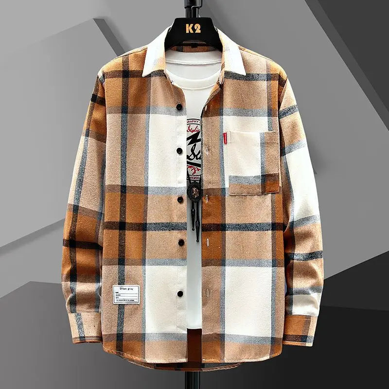 2025 Spring and Autumn Men's Lapel Loose Plaid Button Printed Pocket Casual Fashion Elegant Commuting Long sleeved Shirt