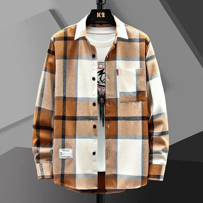 2025 Spring and Autumn Men's Lapel Loose Plaid Button Printed Pocket Casual Fashion Elegant Commuting Long sleeved Shirt