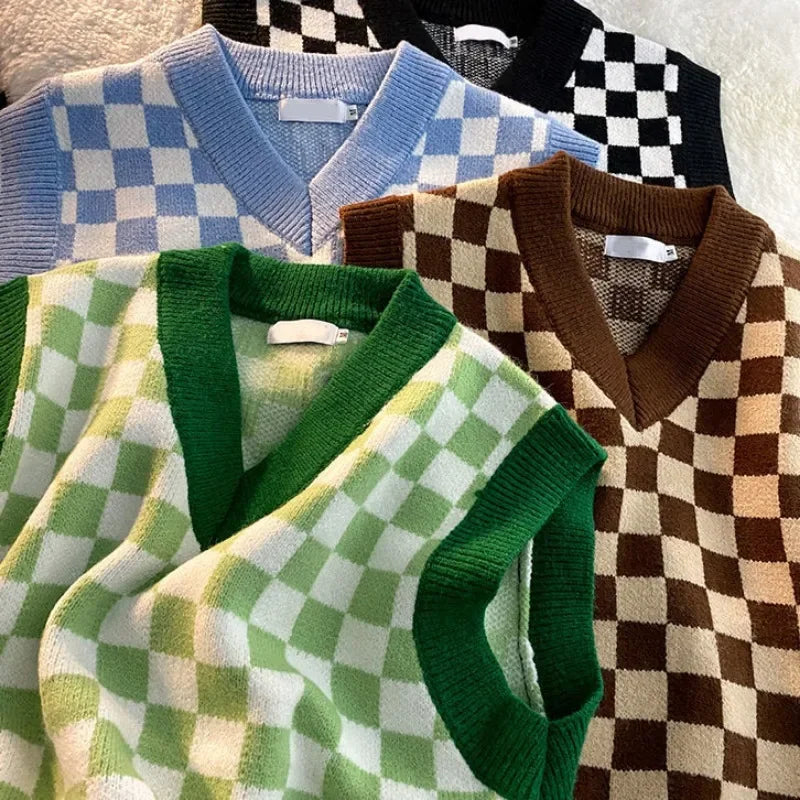 Men's Checkerboard Plaid V-neck Knitted Vest Female Spring Autumn Loose Couple Sweater Coat Sleeveless Vests Casual Tops