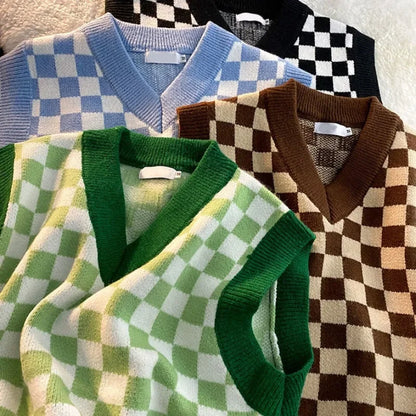 Men's Checkerboard Plaid V-neck Knitted Vest Female Spring Autumn Loose Couple Sweater Coat Sleeveless Vests Casual Tops