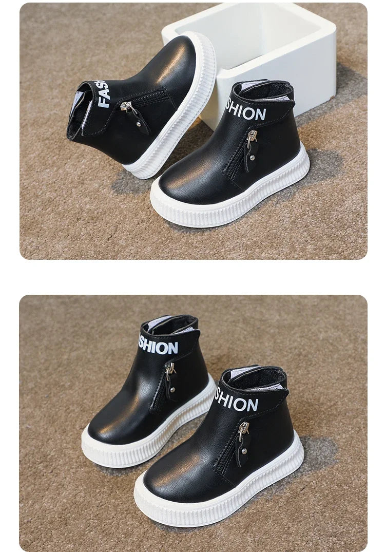 Children Fashion Boots Side Zipper Round-toe Kids Sport Boots Classic Solid Color Non-slip Boys Girls Leather Boots 2025 New