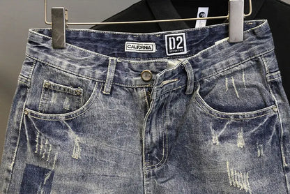 Korean Luxury Clothing Men's Summer Denim Knee Length Shorts 2025 Fashion Designer Ripped Hole Cowboy Korean Slim Short Pants