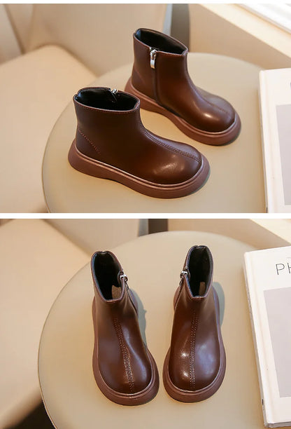 Autumn Winter Children's Boots Fashion Simple Style Girl's Ankle Boot Causal Versatile Black Kid Short Leather Boots Side Zipper