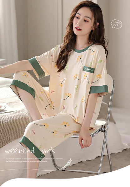 SUKAE M-5XL Cool Modal Woman's Pajamas Summer Plus Size Calf-length Pijamas Casual Knee-length Home suits Women's Capris Sleepwear