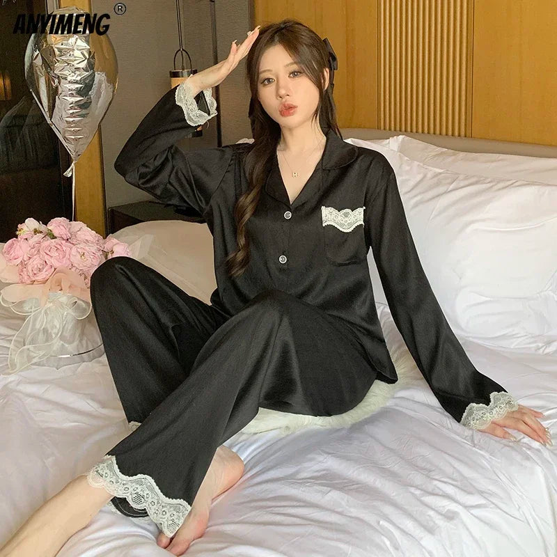 Women Casual Luxury Pajamas Thin Pajamas Female Sleepwear New Elegant Ladies Faux Silk Polyester Dots Pajama Sets Sexy Home wear