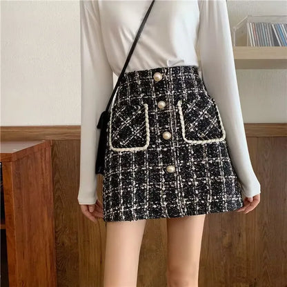 Tweed Skirts for Women Solid High Waist Slimming Skirts Autumn Spring 2026 Buttons Double Breasted Tweed Wool Mini Skirt