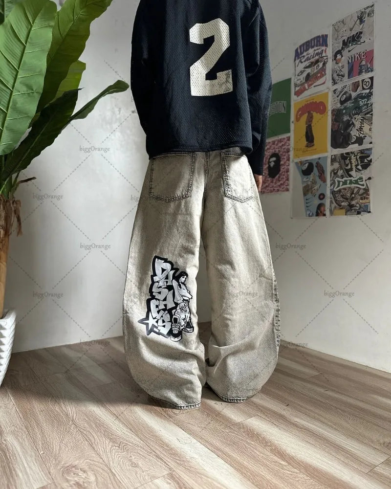 Y2K Harajuku Retro Washed Baggy Jeans Street Hip-hop Anime Printed Wide Pattern Straight Pants Men Trendy Brand Casual Trousers