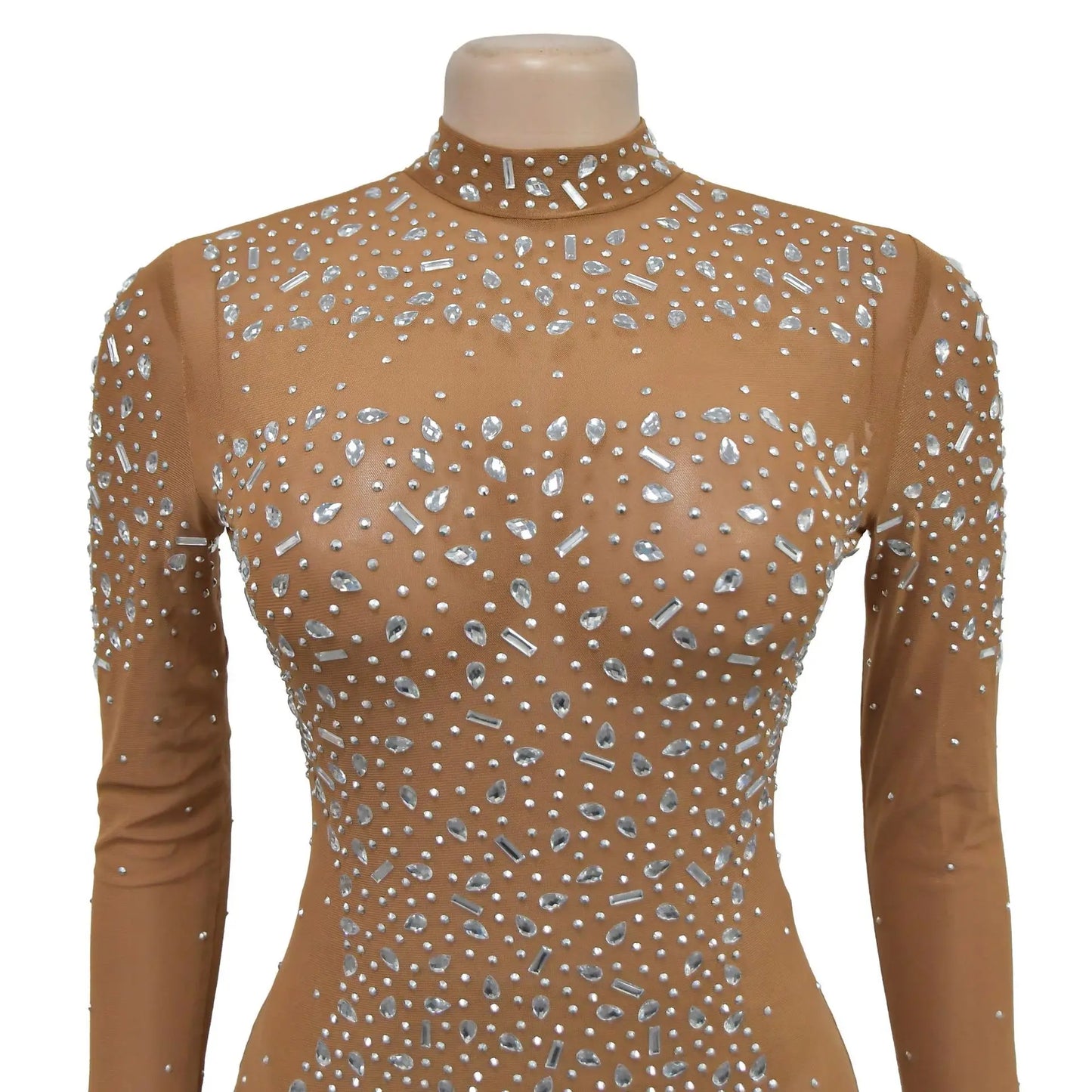 Women Sexy See Through Sheer Mesh Rhinestone Décor Long Sleeve Maxi Party Dress