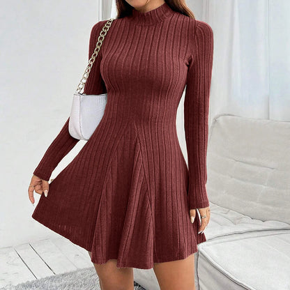 Mia Muse Women's Dress Fall Winter Simple Solid Color Long Sleeve Mock Neck A Line High Waisted Flare Hem Casual Short Dress