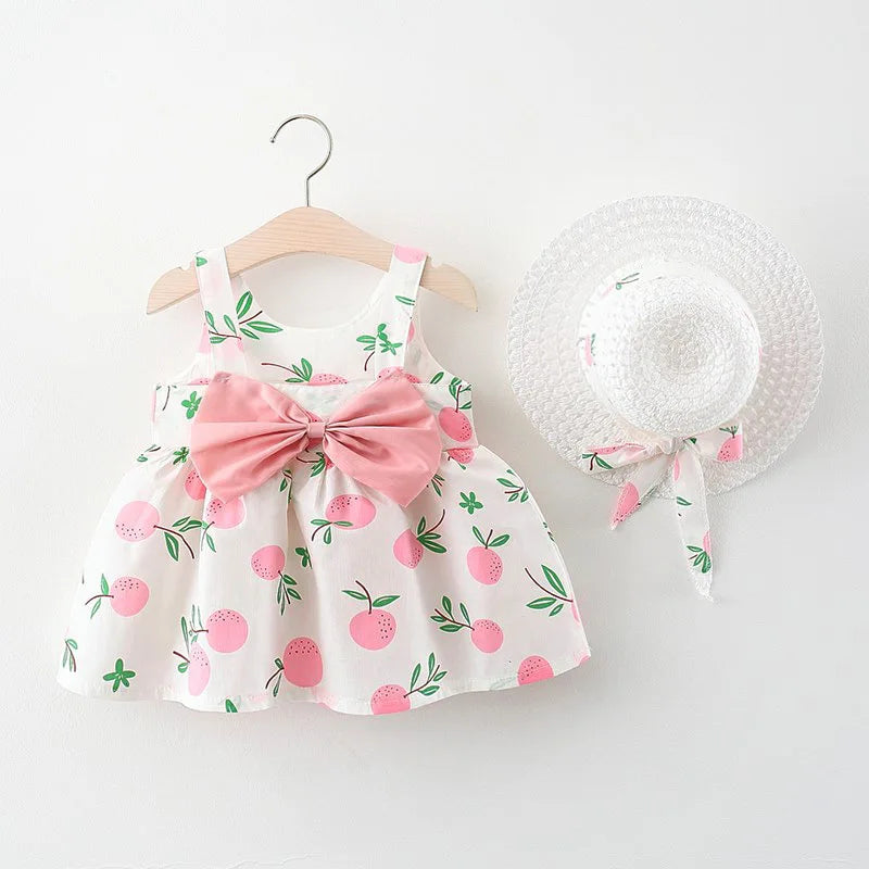 2Piece Sets Summer Toddler Girl Clothes Korean Fashion Flowers Cute Bow Sleeveless Princess Baby Dresses+ Sunhat Kids Dress BC136