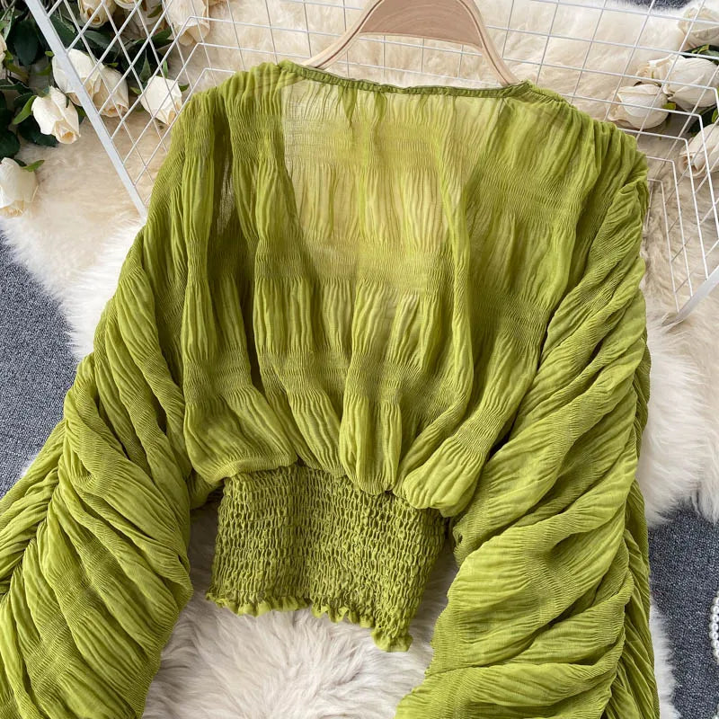Women Sexy Chiffon Short Blouse Female See Through Super Long Sleeve Purple/Green/Black/White Folds Party Tops 2026 New