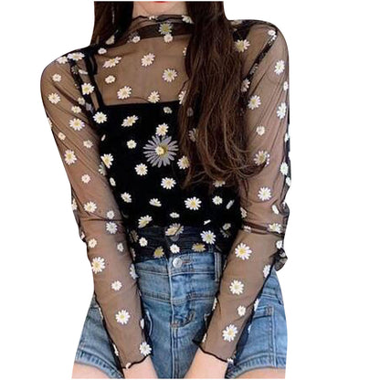 Women Daisy Print Lace Sheer Tops Sexy Tees Long Sleeve Thin Mesh Shirts Fashion Ladies Top 2026 Summer Sunscreen Blouse