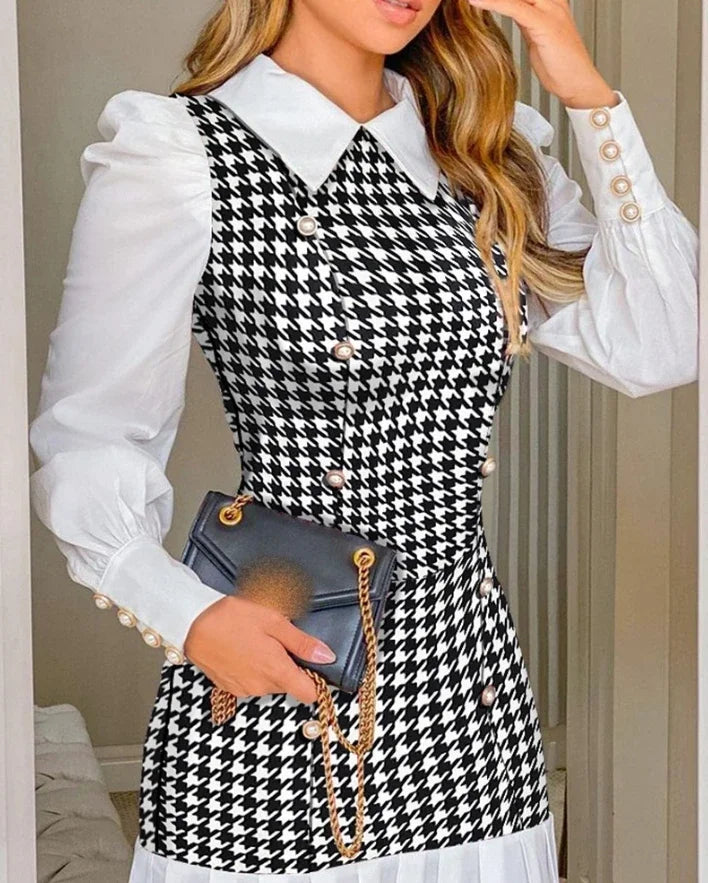 Women's Dresses 2026 Spring Fashion Houndstooth Button Decor Puff Sleeve Ruffle Hem Elegant Turn-Down Collar Daily A Line Dress