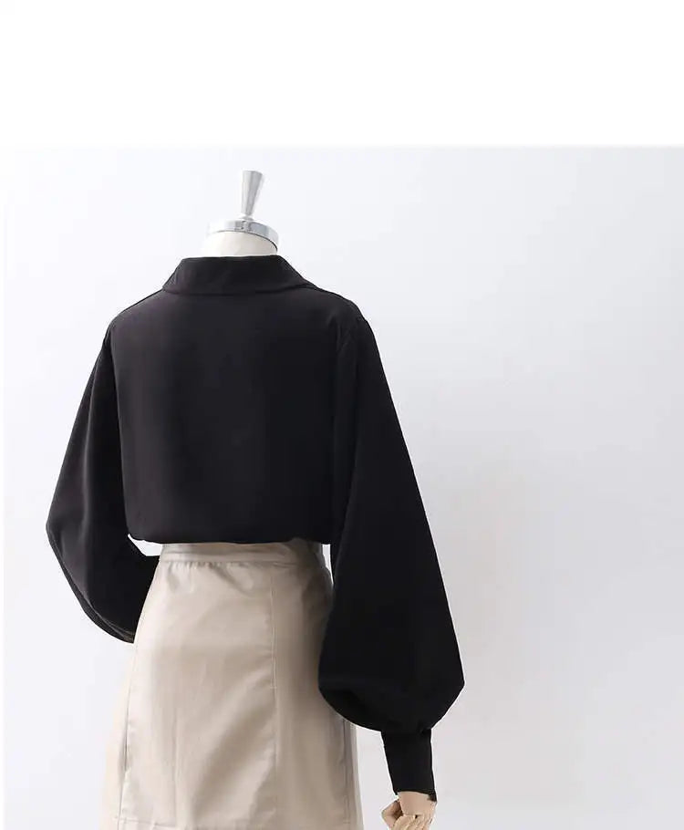 Lantern Sleeves Vintage Shirts Women Elegant White Women's Blouse with Lush Sleeves 2025 Fashion Button Up Shirt Black dropship