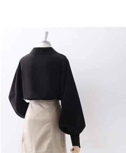 Lantern Sleeves Vintage Shirts Women Elegant White Women's Blouse with Lush Sleeves 2026 Fashion Button Up Shirt Black dropship