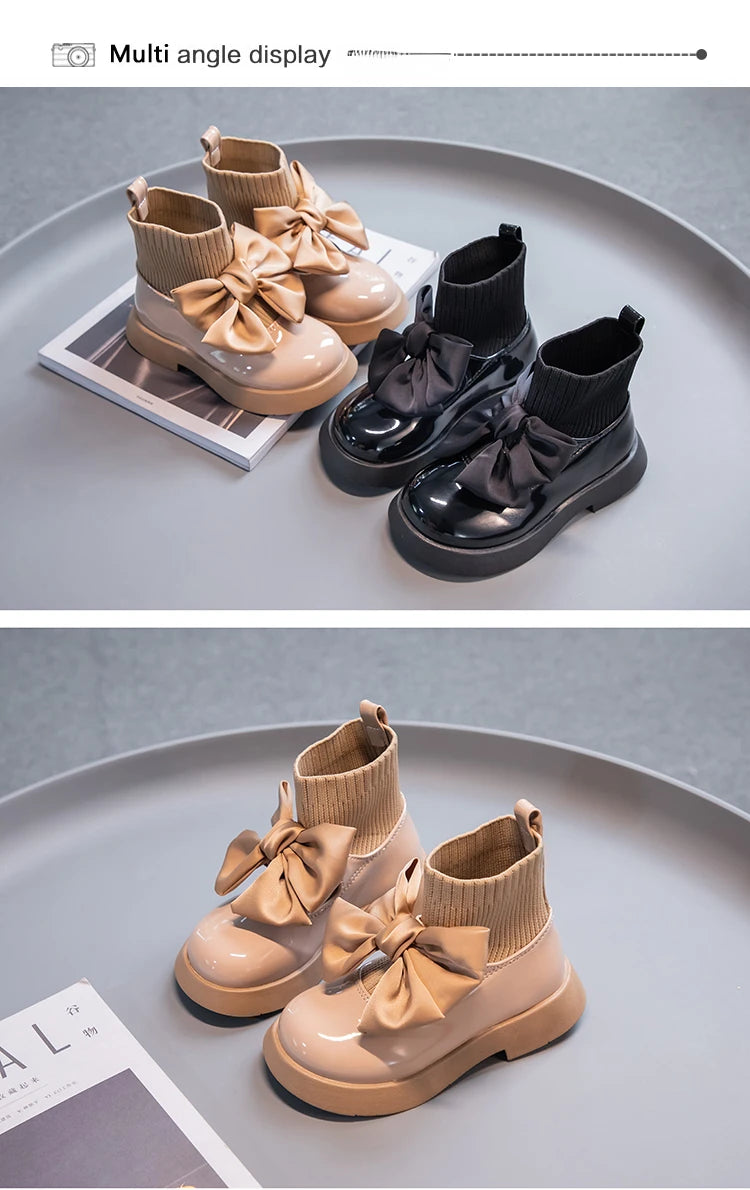Children's Boots Fashion PU Solid Black Bow Girls Uniform 2025 Spring and Autumn New Kids Fashion Flying Knit School Socks Shoes