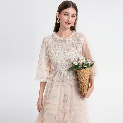 Runway Luxury Long Dresses Women 2025 Summer Holiday Embroidery Flower Ruffles Midi Party Evening Dress Lady Prom Vestidos