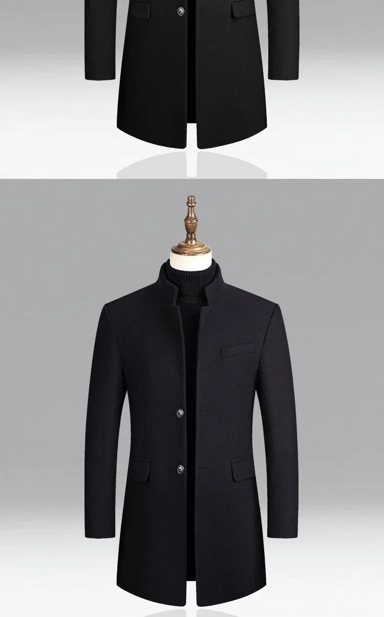 Men's Autumn Winter Long Woolen Coats Men's Business Office Casual Slim Solid Wool Windbreaker Thicken Warm Trench Jacket