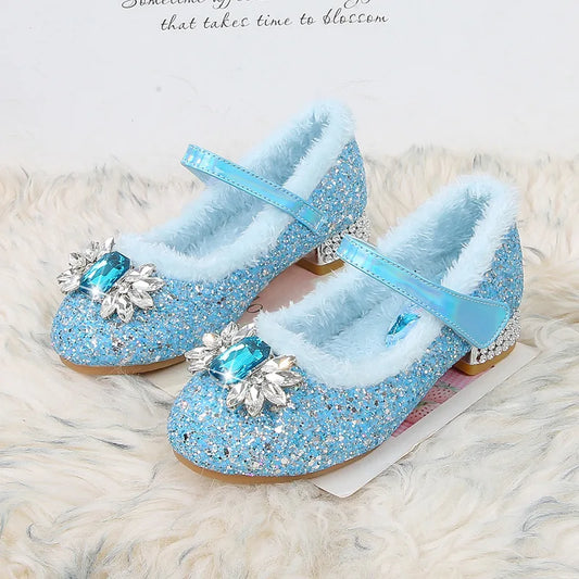 Disney Princess Crystal Girls Shoes Frozen Elsa Sophia Rhinestones Shoes Performance Party High Heels Pink Blue Shoes Size 23-36