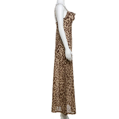 Vintage Leopard Print Chiffon Sexy Cami Dress Women V Neck Sleeveless Party Dress Fashion 2026 Summer Streetwear Dress